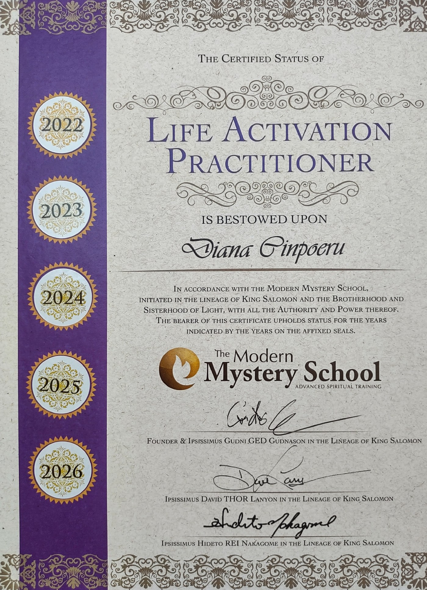 Diana — Life Activation certification